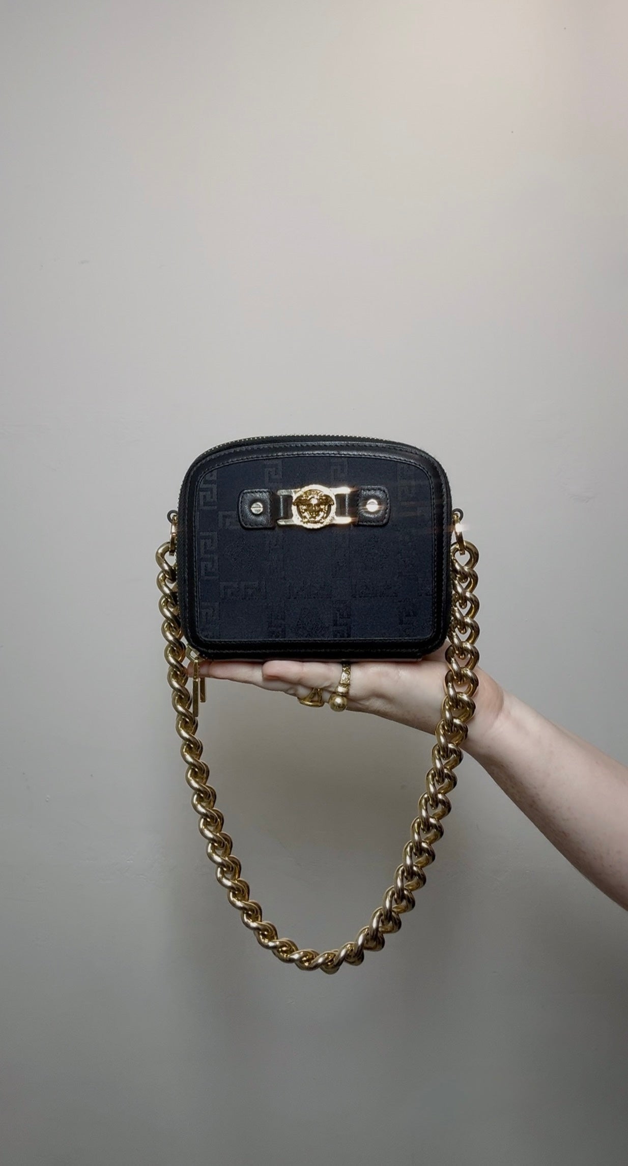 Versace Black Mini Bag with Medusa Head Detail & Chunky Gold Strap