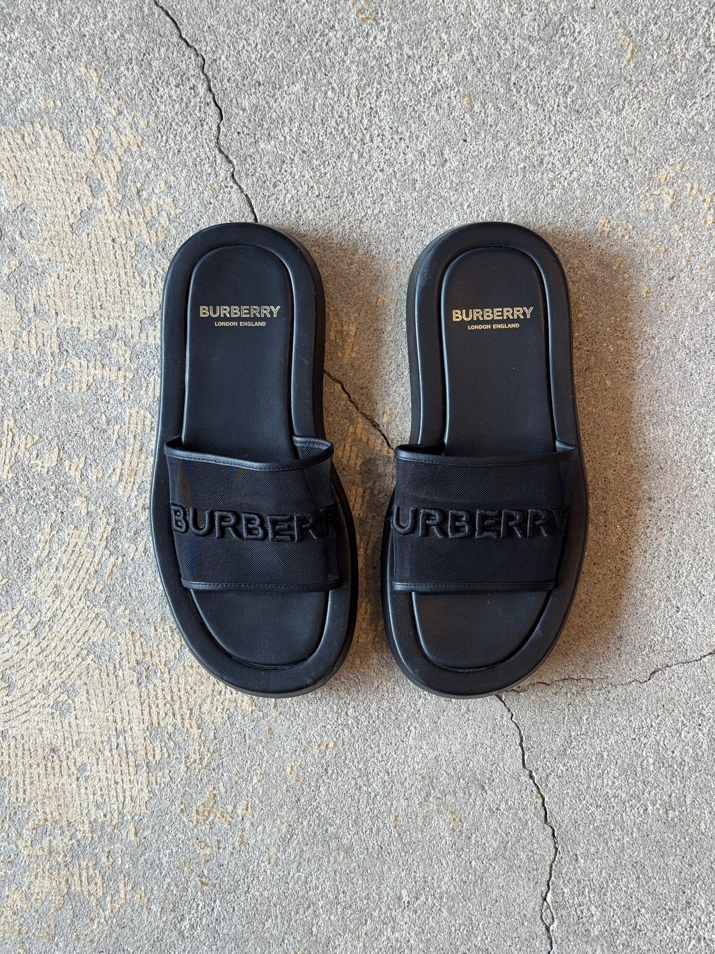 Burberry Black Mesh Buckingham Slide Sandals