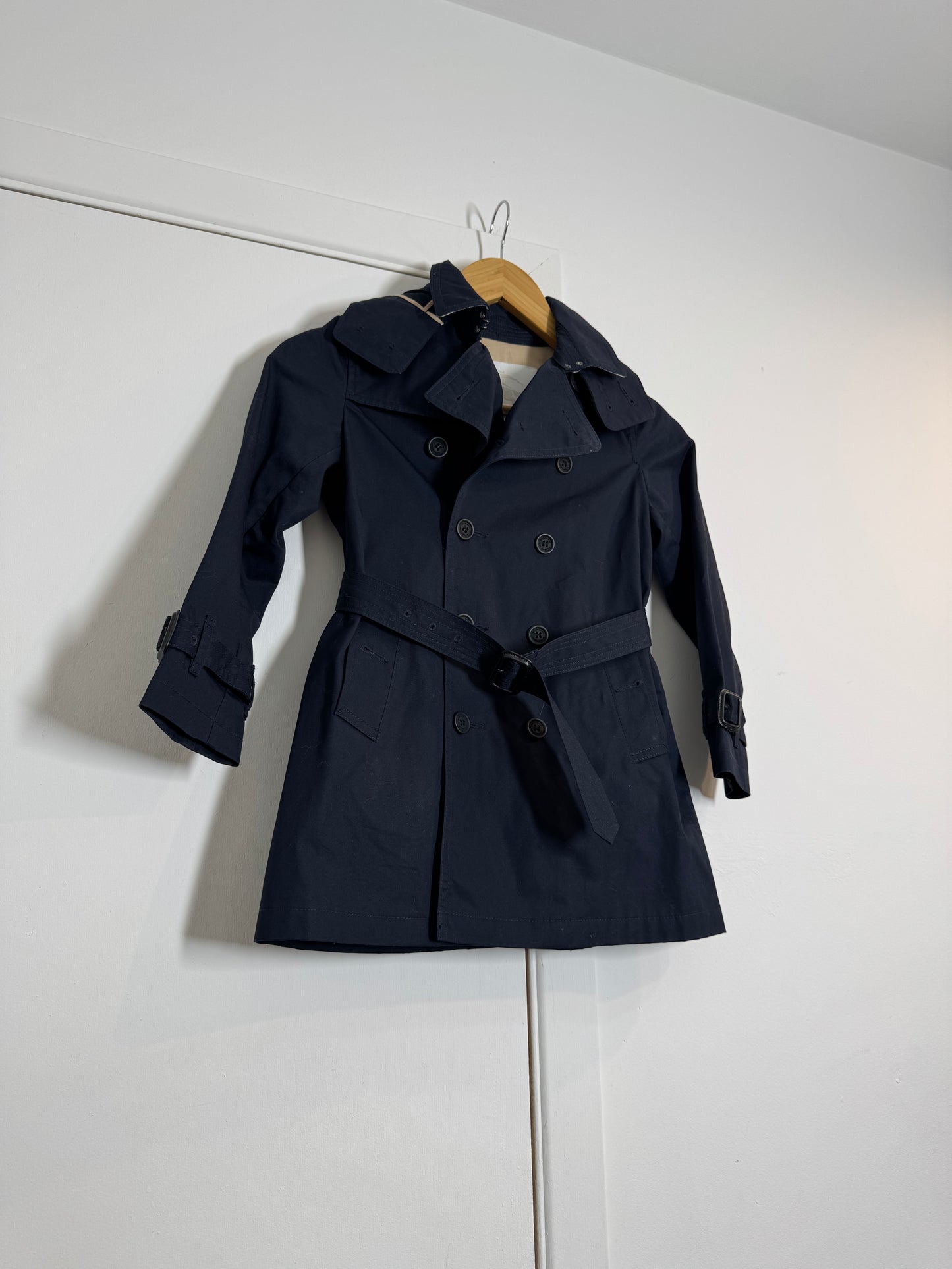 Burberry Children's Navy Blue Double Breasted Trench Coat with Nova Check Lining