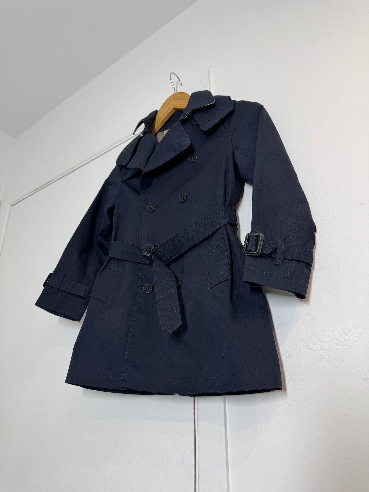Burberry Children's Navy Blue Double Breasted Trench Coat with Nova Check Lining