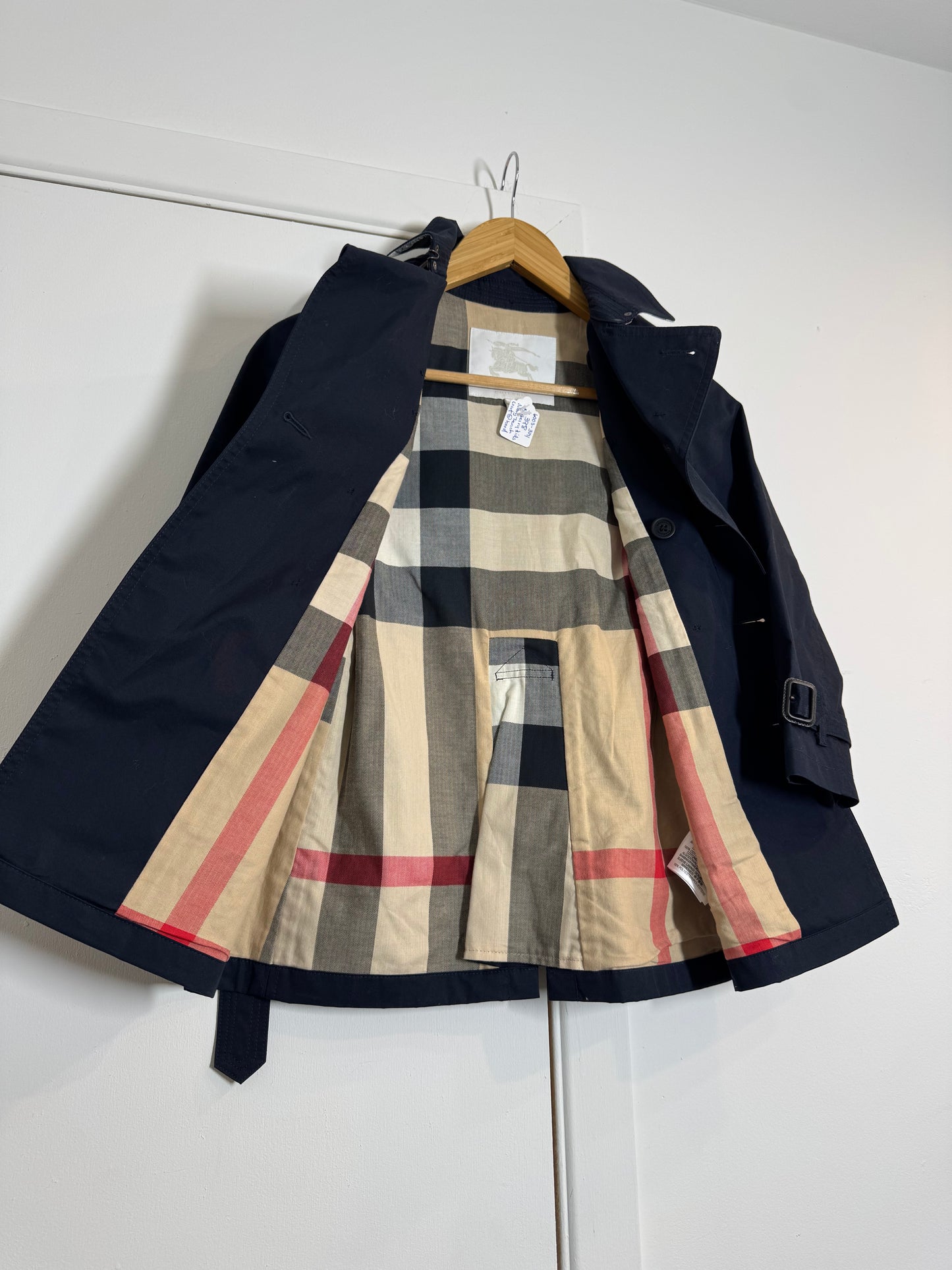 Burberry Children's Navy Blue Double Breasted Trench Coat with Nova Check Lining