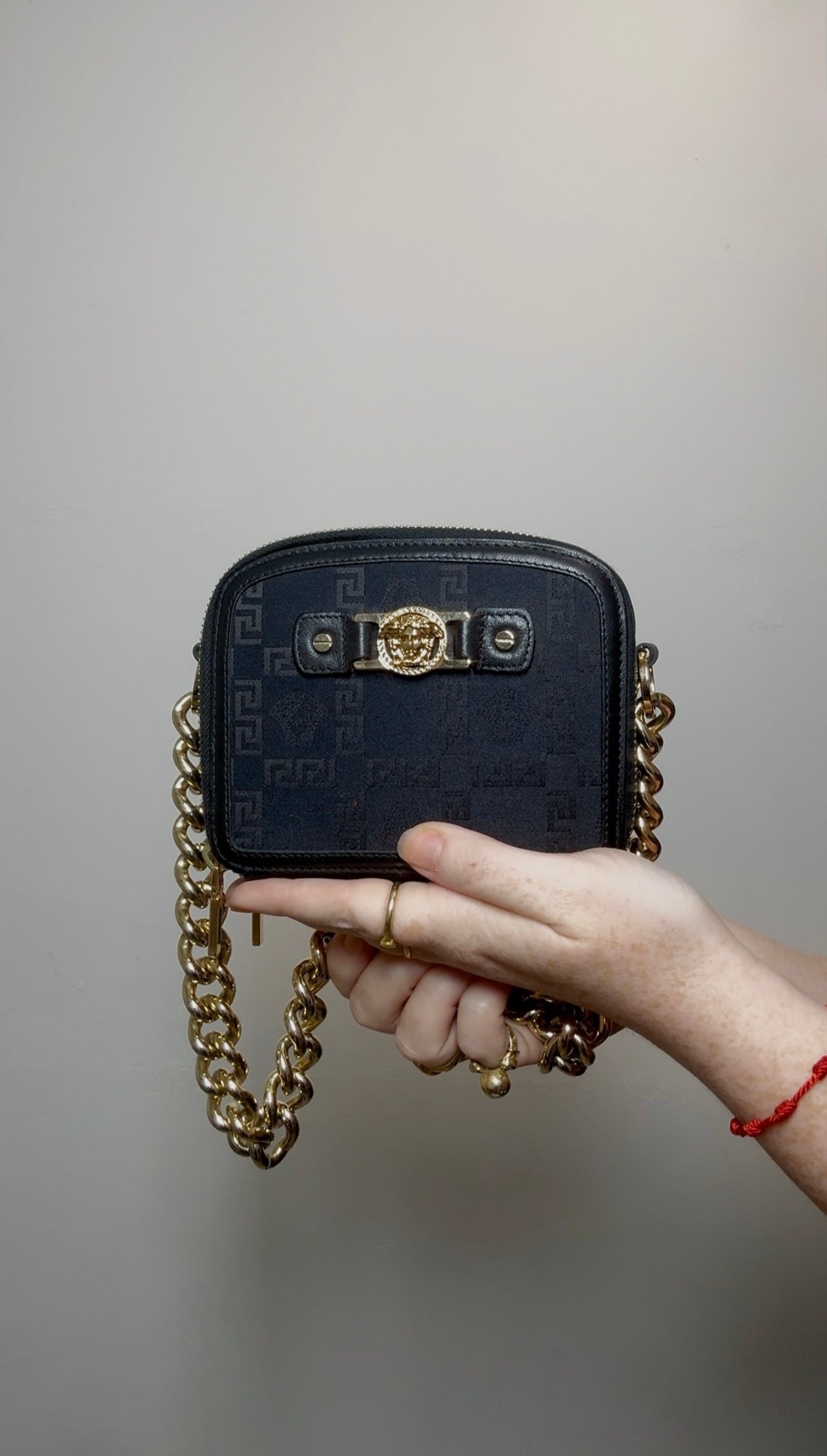 Versace Black Mini Bag with Medusa Head Detail & Chunky Gold Strap