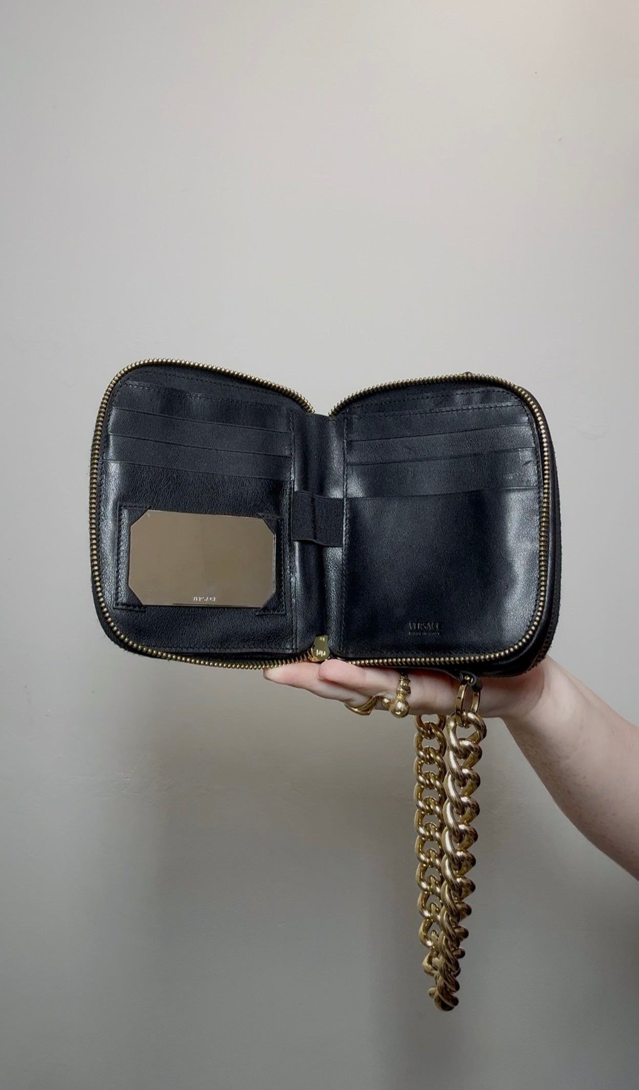 Versace Black Mini Bag with Medusa Head Detail & Chunky Gold Strap