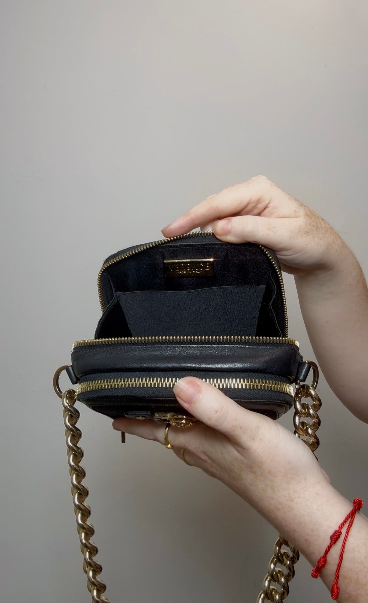 Versace Black Mini Bag with Medusa Head Detail & Chunky Gold Strap