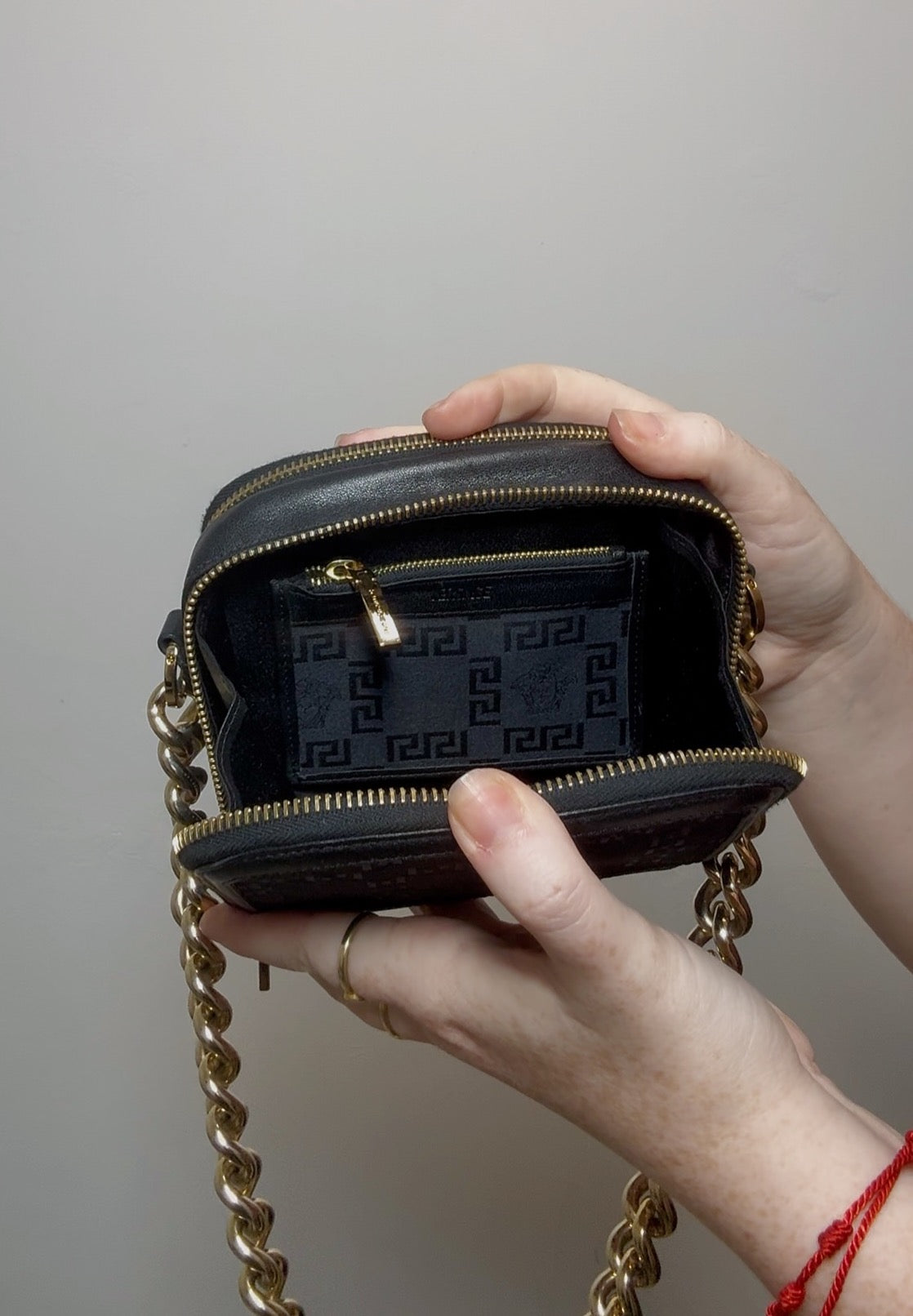 Versace Black Mini Bag with Medusa Head Detail & Chunky Gold Strap