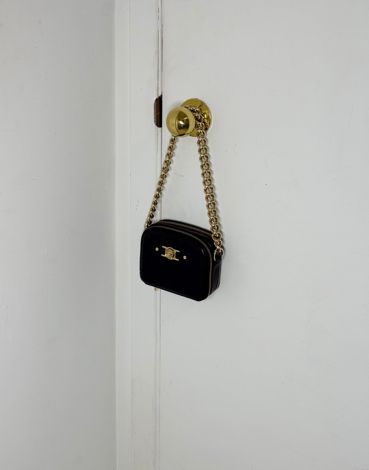 Versace Black Mini Bag with Medusa Head Detail & Chunky Gold Strap