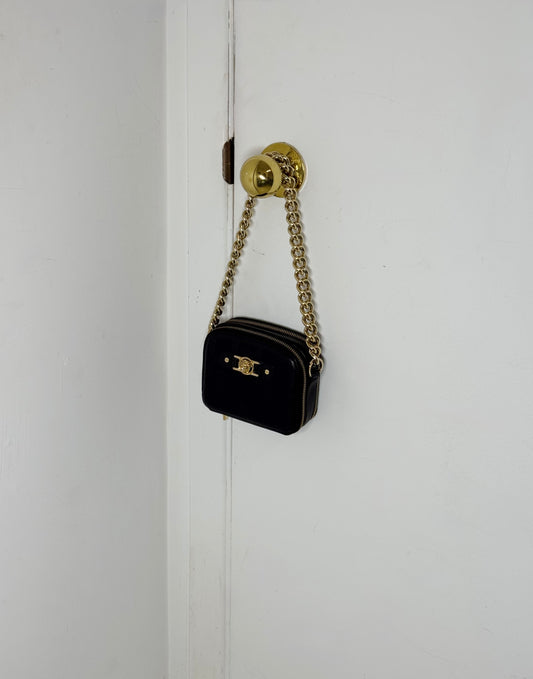 Versace Black Mini Bag with Medusa Head Detail & Chunky Gold Strap