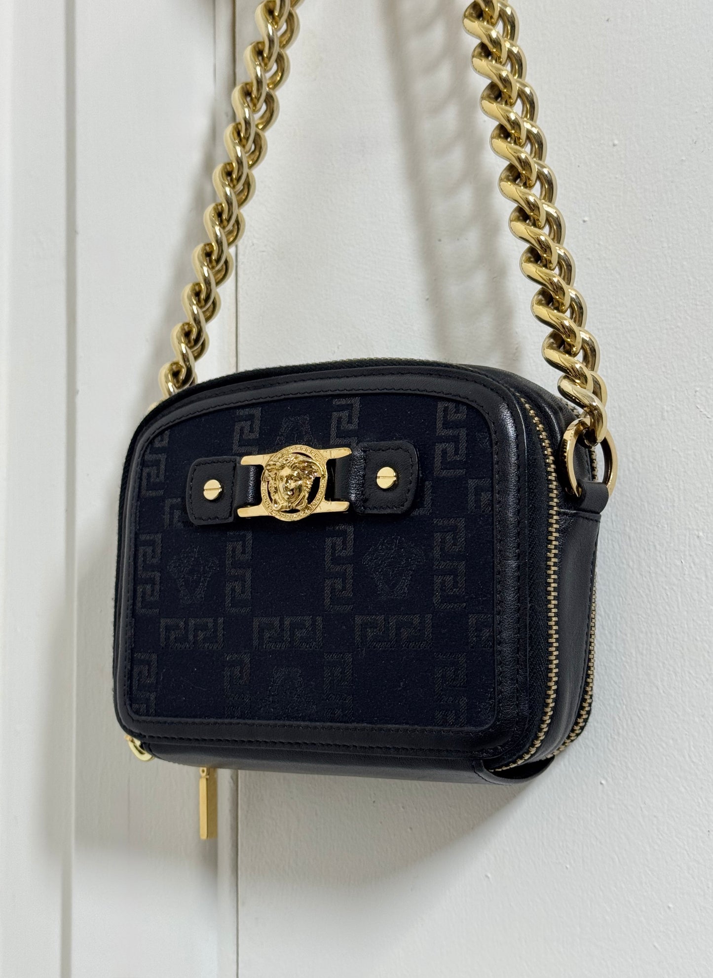 Versace Black Mini Bag with Medusa Head Detail & Chunky Gold Strap