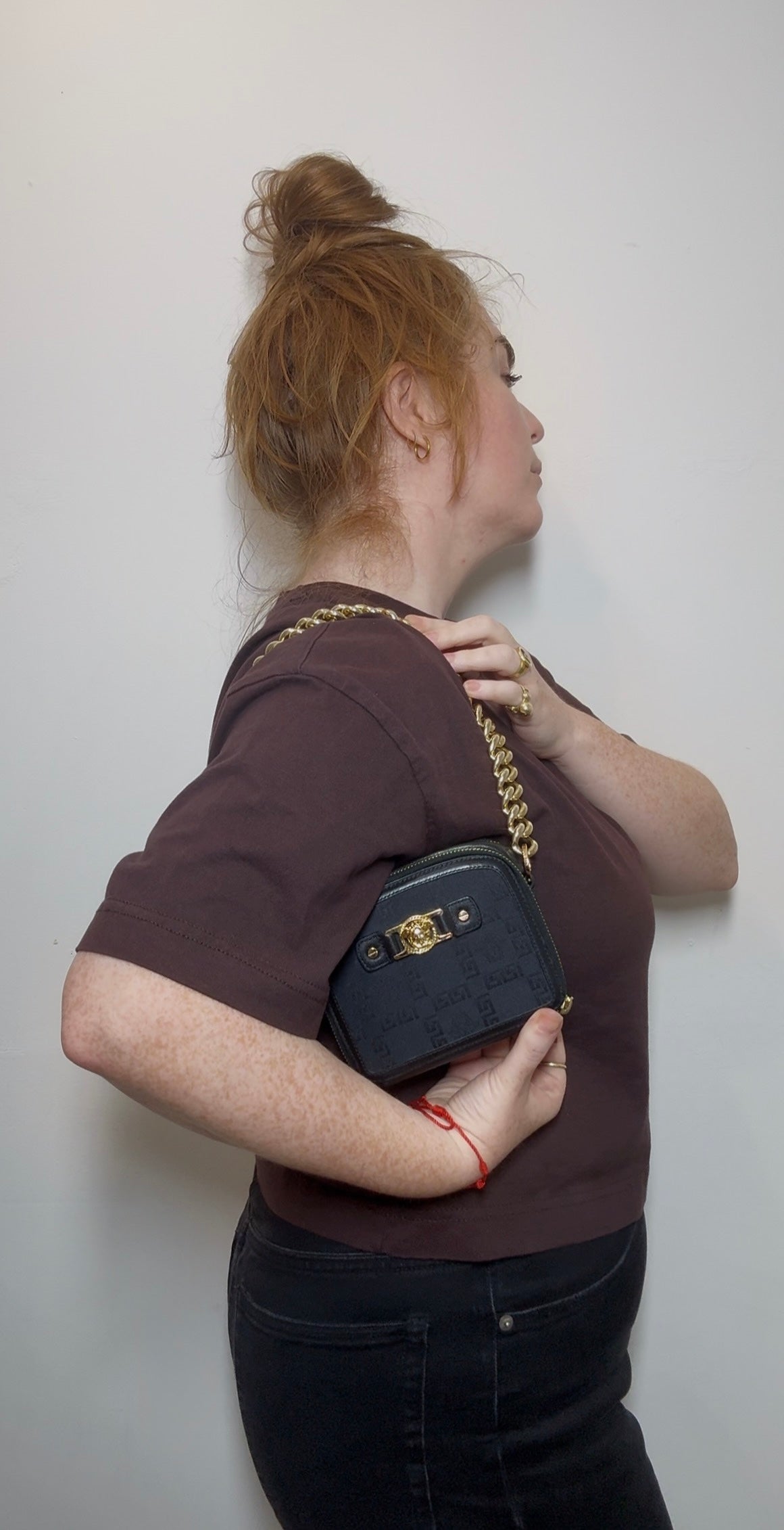 Versace Black Mini Bag with Medusa Head Detail & Chunky Gold Strap