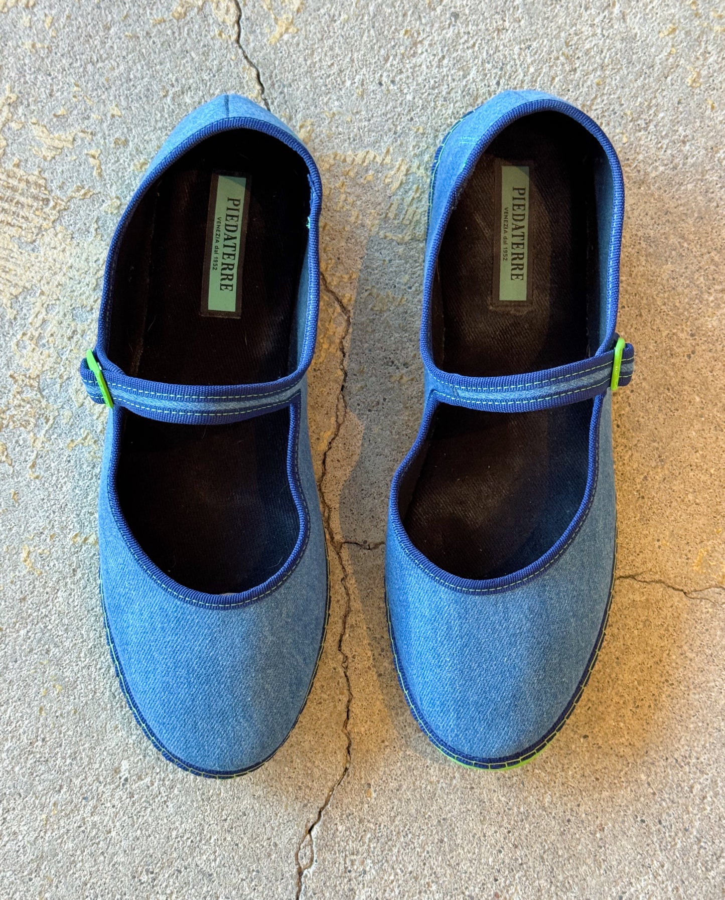 Piedaterre Blue Denim & Lime Green Mary Jane Flats