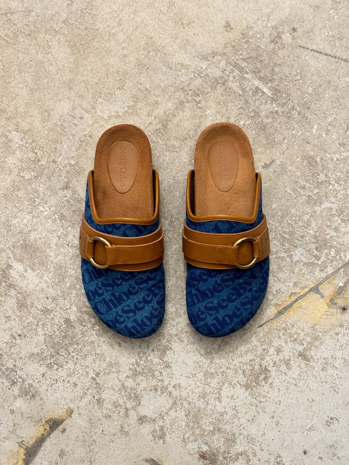 See By Chloe Blue Denim Canvas Print Gema Mules
