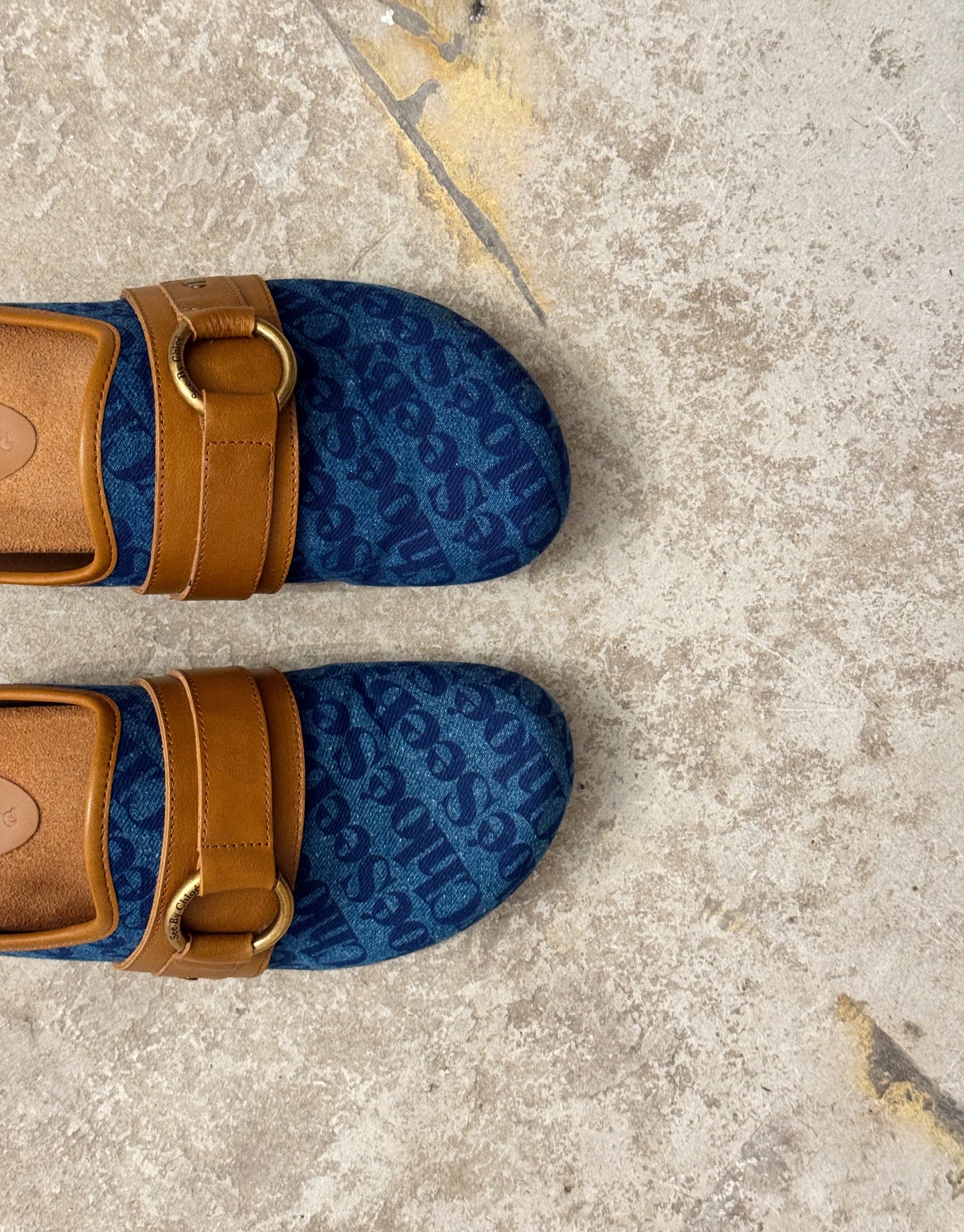 See By Chloe Blue Denim Canvas Print Gema Mules
