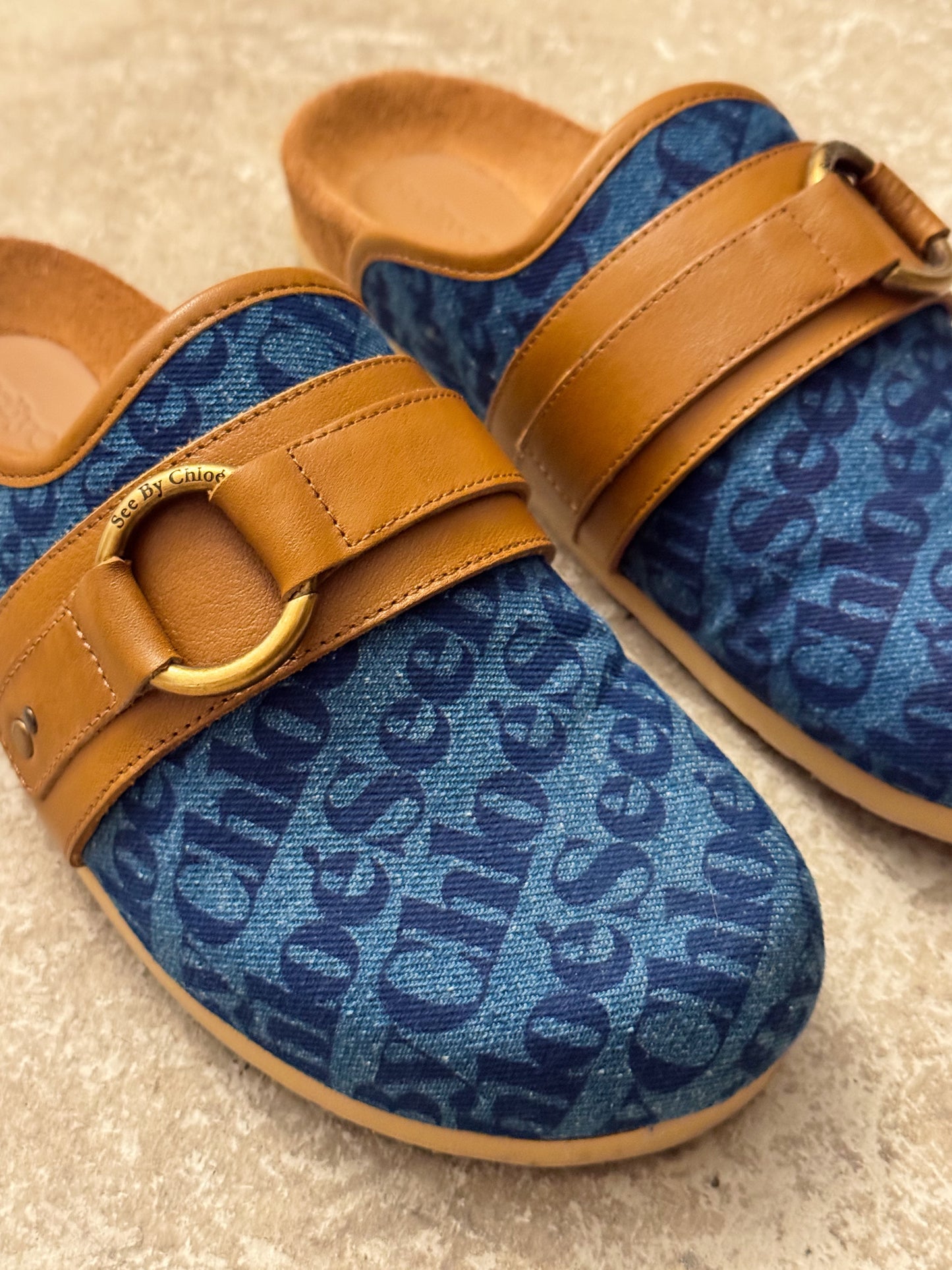 See By Chloe Blue Denim Canvas Print Gema Mules