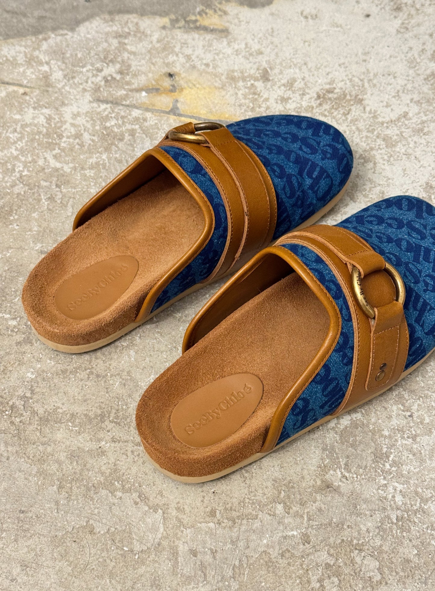 See By Chloe Blue Denim Canvas Print Gema Mules