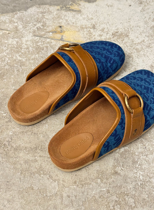 See By Chloe Blue Denim Canvas Print Gema Mules