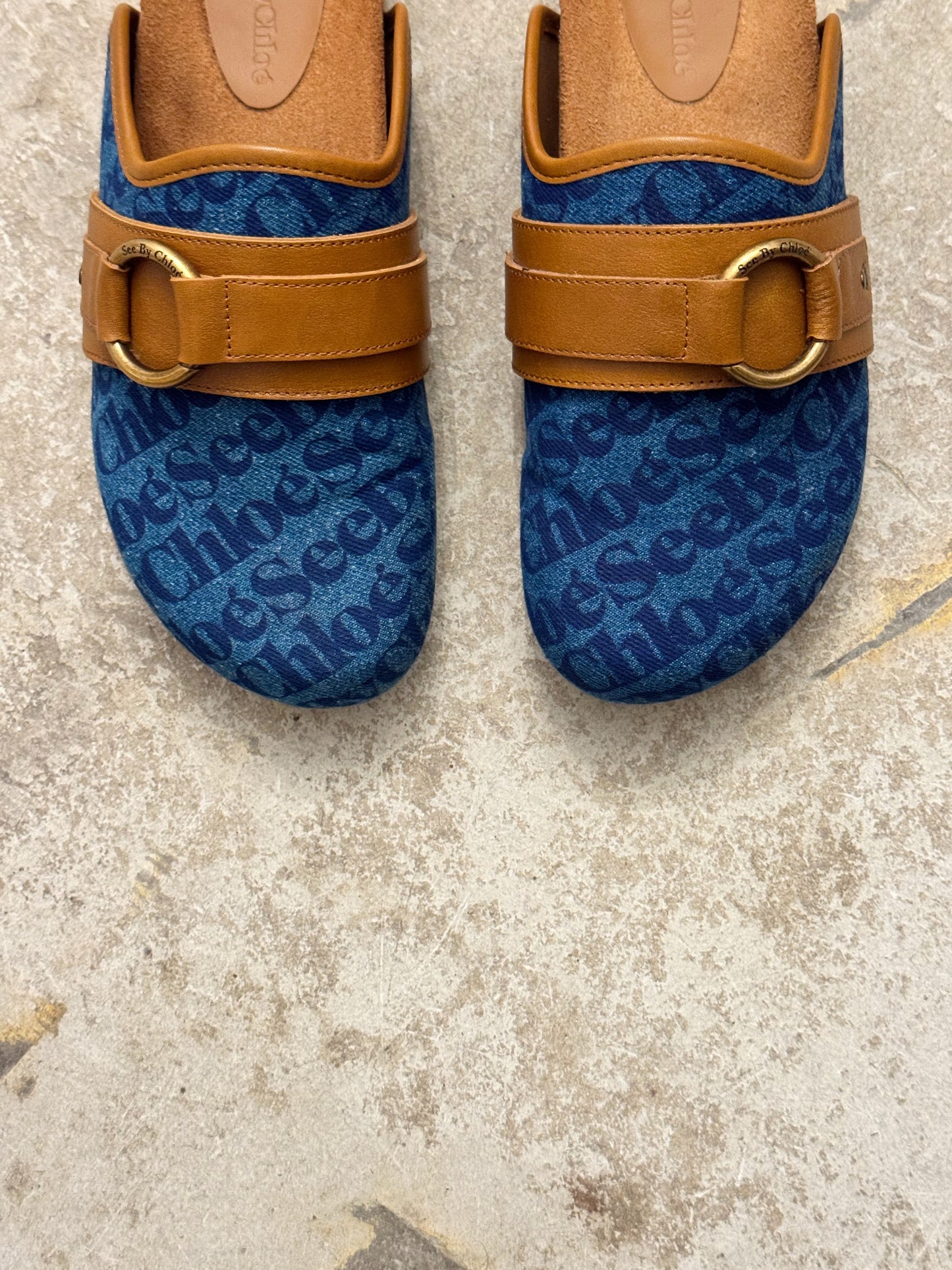 See By Chloe Blue Denim Canvas Print Gema Mules