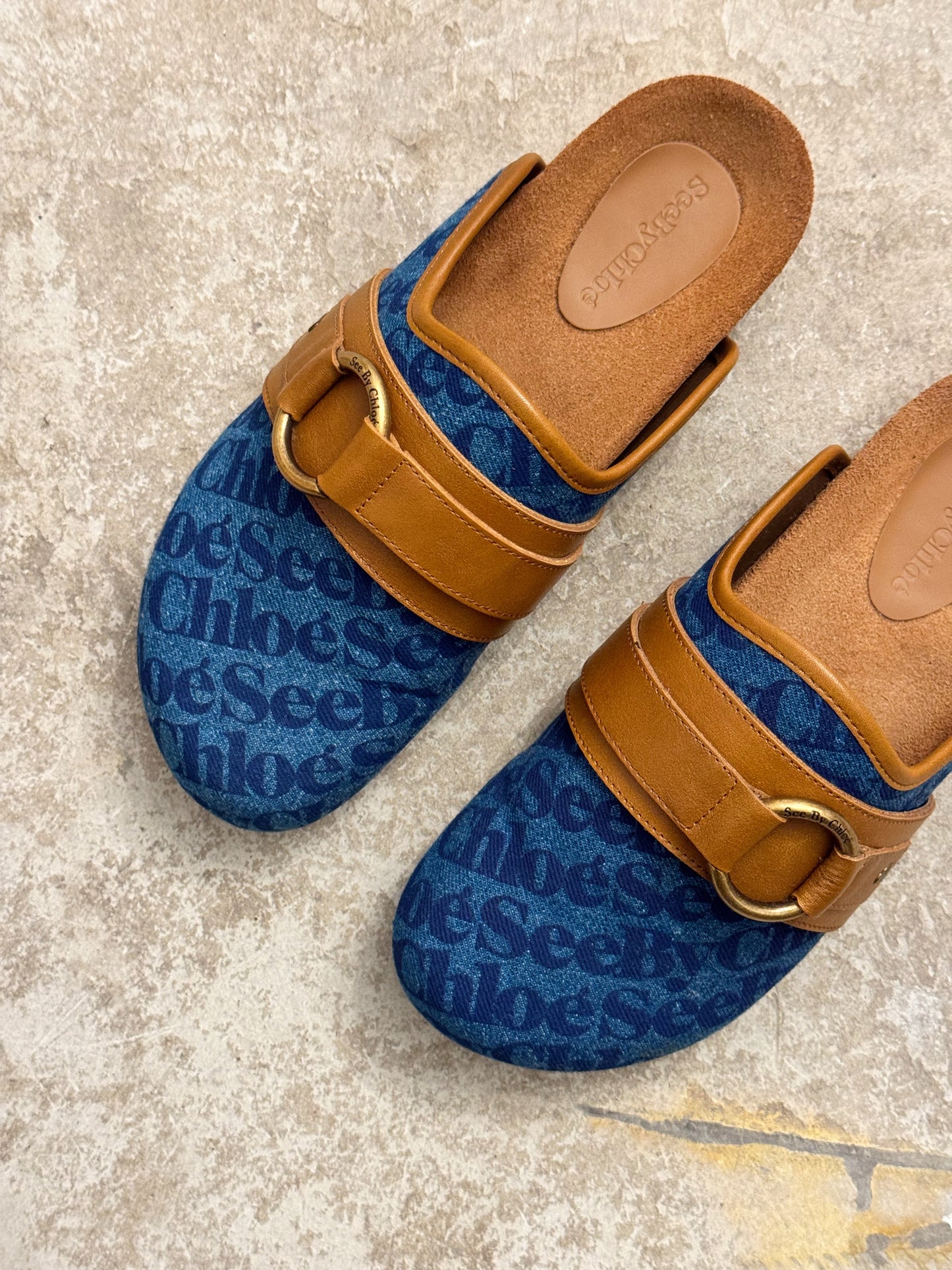 See By Chloe Blue Denim Canvas Print Gema Mules