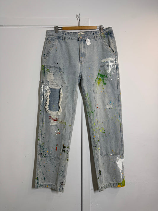 Kuwalla Jeans Paint Splattered Distressed Straight Leg Jeans