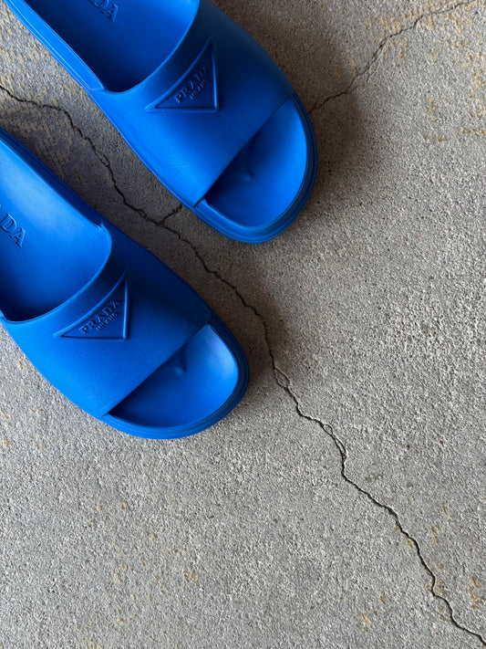 Prada Blue EVA Triangle Logo Rubber Slides